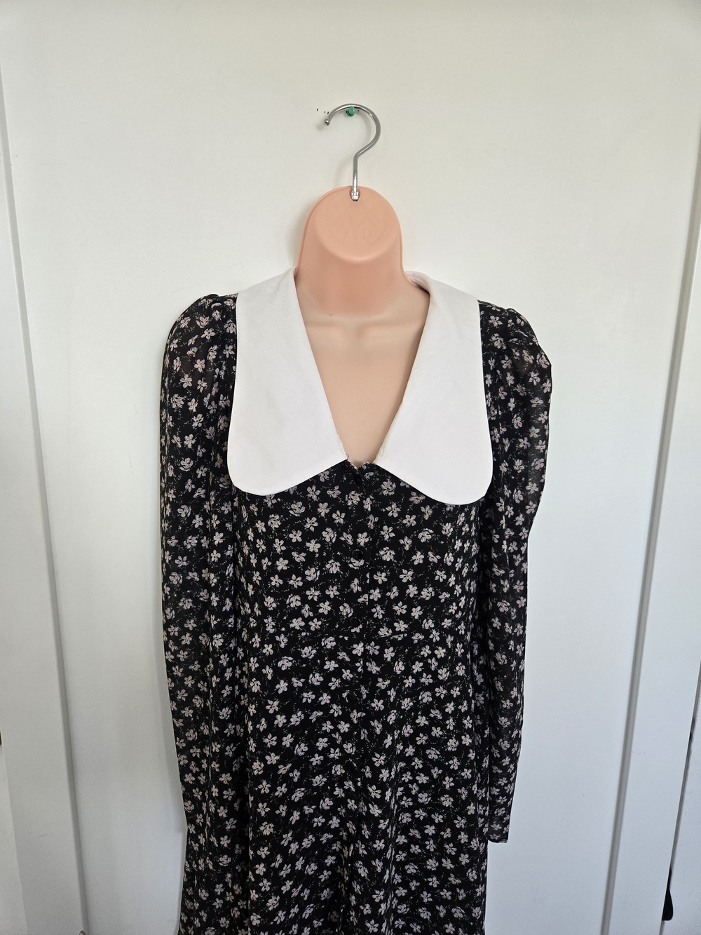 Black Floral Mini Dress Oversized White Collar Long Sleeve Cottagecore Size M